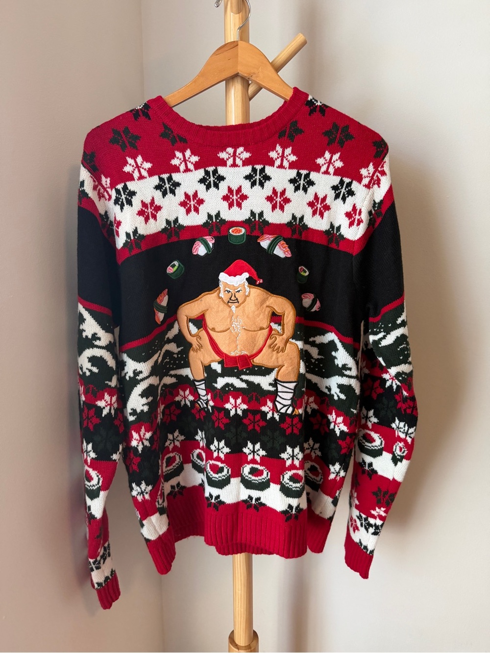 Ugly Christmas Sweater Sumo Wrestler Santa Sushi Men’s Size XL Pullover